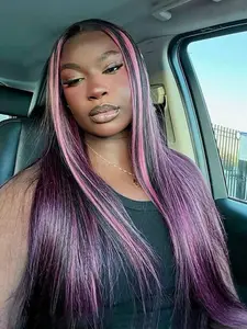 Black Pink Red Pinao Color Lace Front Natural Hairline Synthetic Wig Ombre Color Wigs Long Silky Straight Lace Front Wig Glueless Heat Resistant Fiber Hair Replacement Wig For Women Cosplay Party & Daily Use