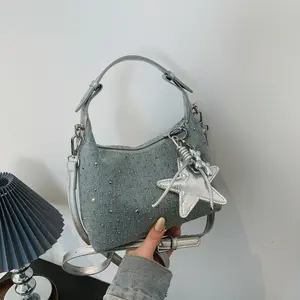 Women's Sparkly Denim Crossbody Shoulder Bag - Star Charm, Slouchy Chic Everyday Purse