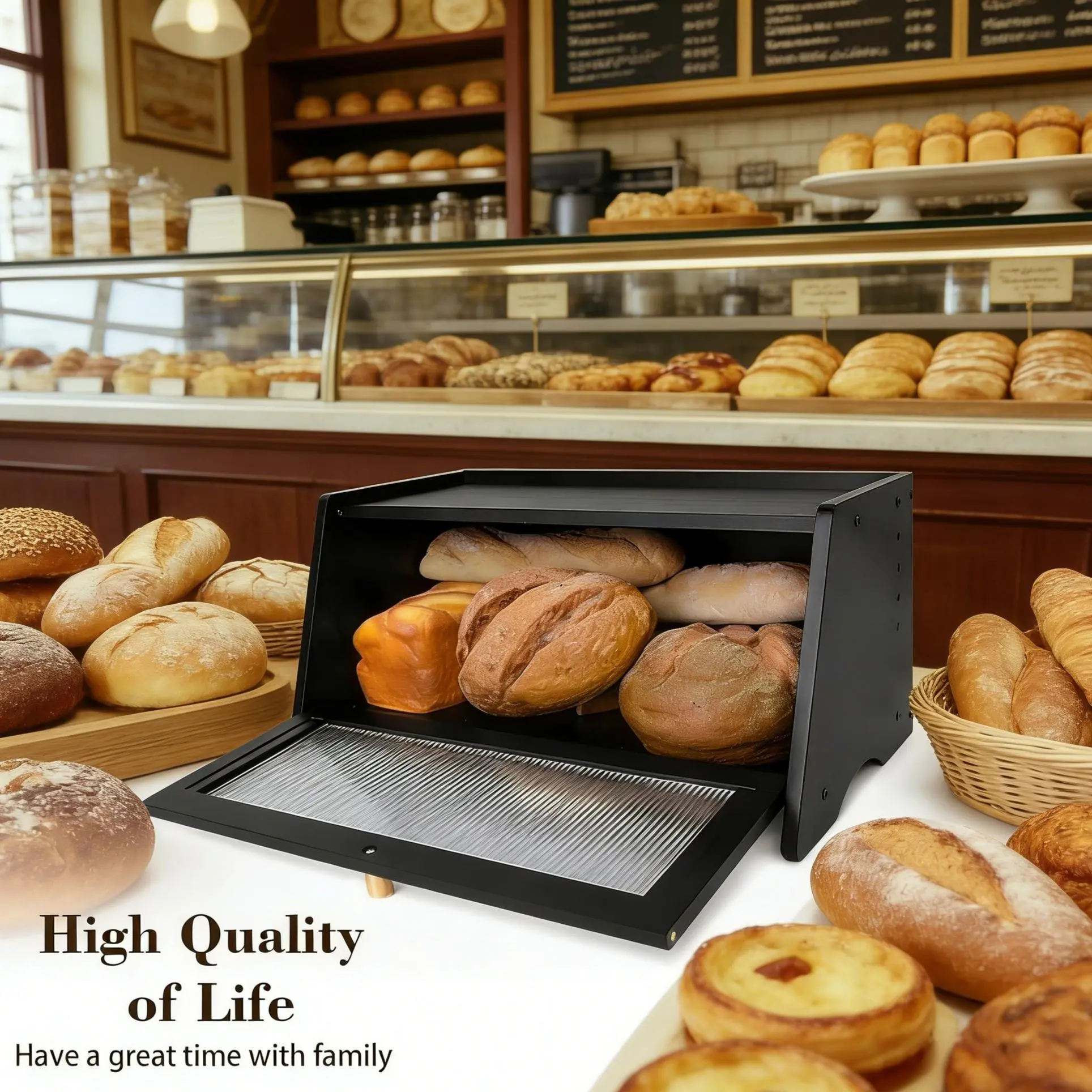 SURUIHK Large Black Bamboo Bread Bin with See-Through Window, 15.5x10x8 in High-End Perforated Storage Bin with Lid, Ventilated Kitchen Organizer for Fresh Bread, Easy Assembly, Perforated Storage Bins With Lids