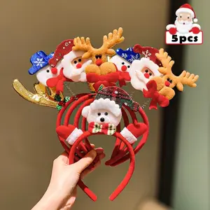 5-Pack Christmas Elements Hairband Set - Snowman Reindeer Santa Design Fashionable New Year Hair Accessories for Cute Girls