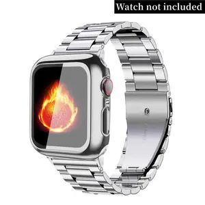 Stainless Steel Watch Band with Tempered Glass Screen Protective Case, 1 Set Replacement Watch Band Compatible with Apple Watch Series 9 Ultra 2 8/7/6/5/4/3/2/1/SE