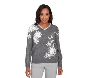 Alfred Dunner Petite Ruffle V-Neck Floral Soutache Sweater