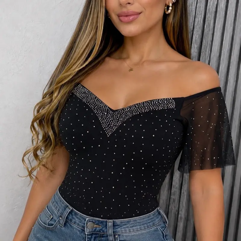 Women’s Off-Shoulder Rhinestone Mesh Top – Stretch Glitter Blouse