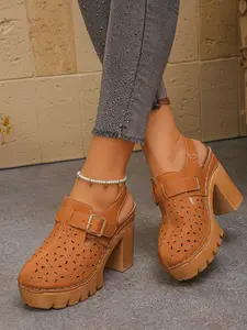 Summer fashion hollowed out high-heeled sandals for women, retro round toe breasted sandals, lightweight, breathable, elegant, Rubber sandals, Bohemian vacation sandals