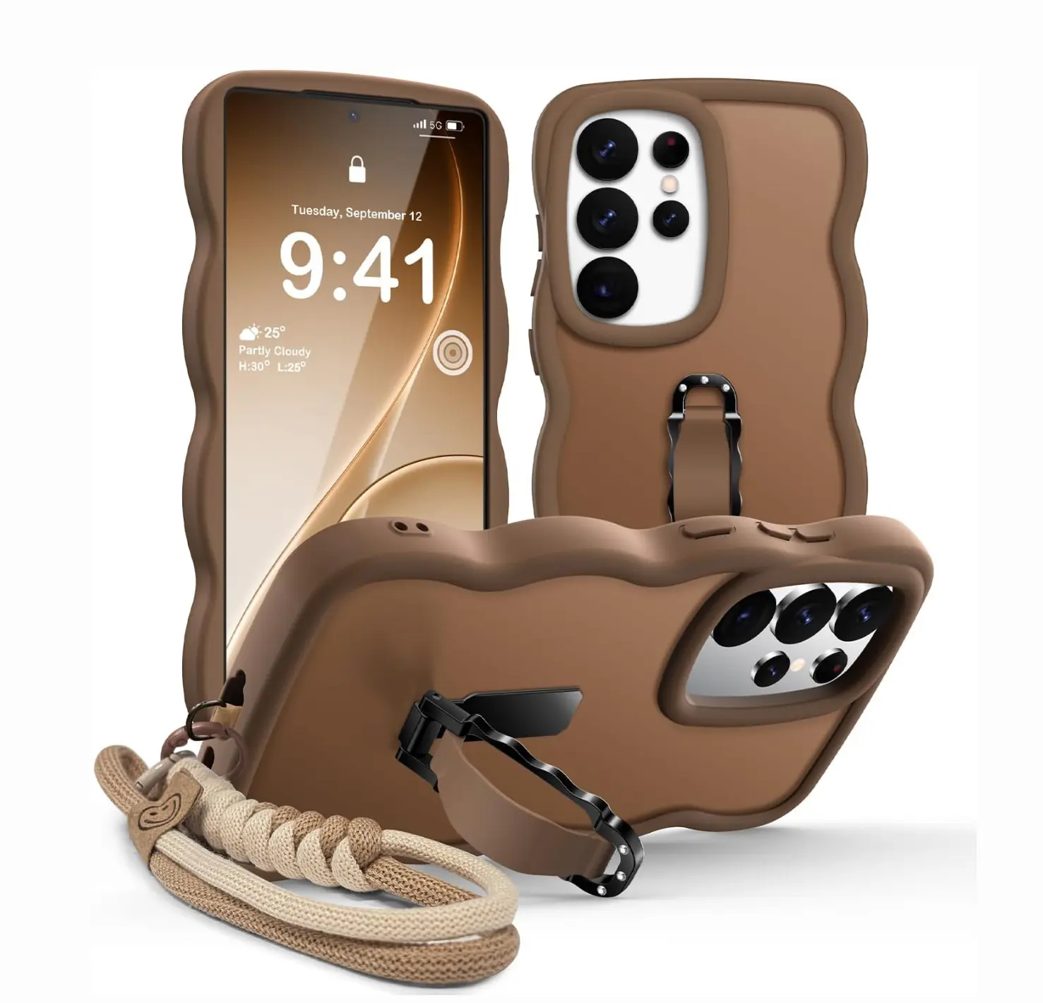 Women's XYZ Cellphone Casing - Semi-Transparent Matte Shockproof Phone Accessory with Handheld Stand, Wavy Design, and Detachable Strap for Mobile Devices