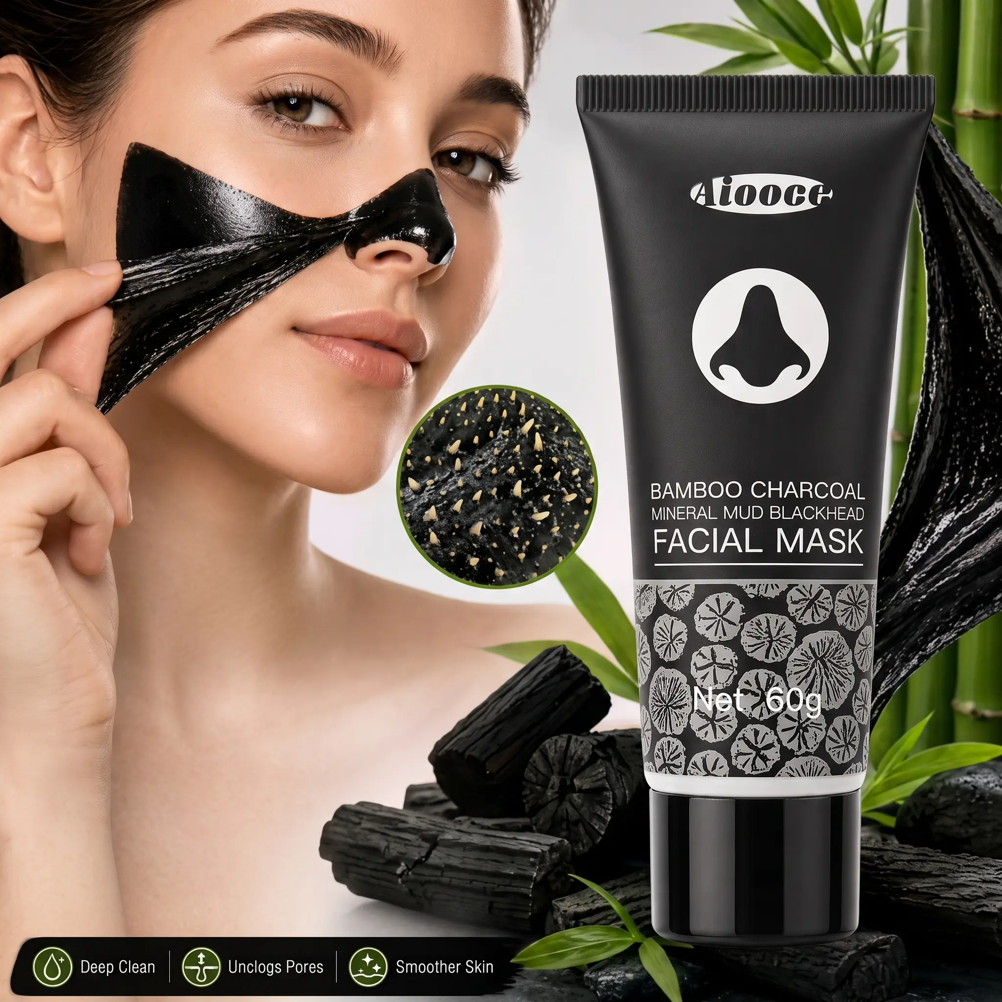 Bamboo Charcoal Blackhead Cream Mask - Gentle Mineral Mud Face Care Product for Deep Cleansing, Pore Care, Oil Control & Dirt Removal, 1 Bottle-60g Daily Skincare Essential