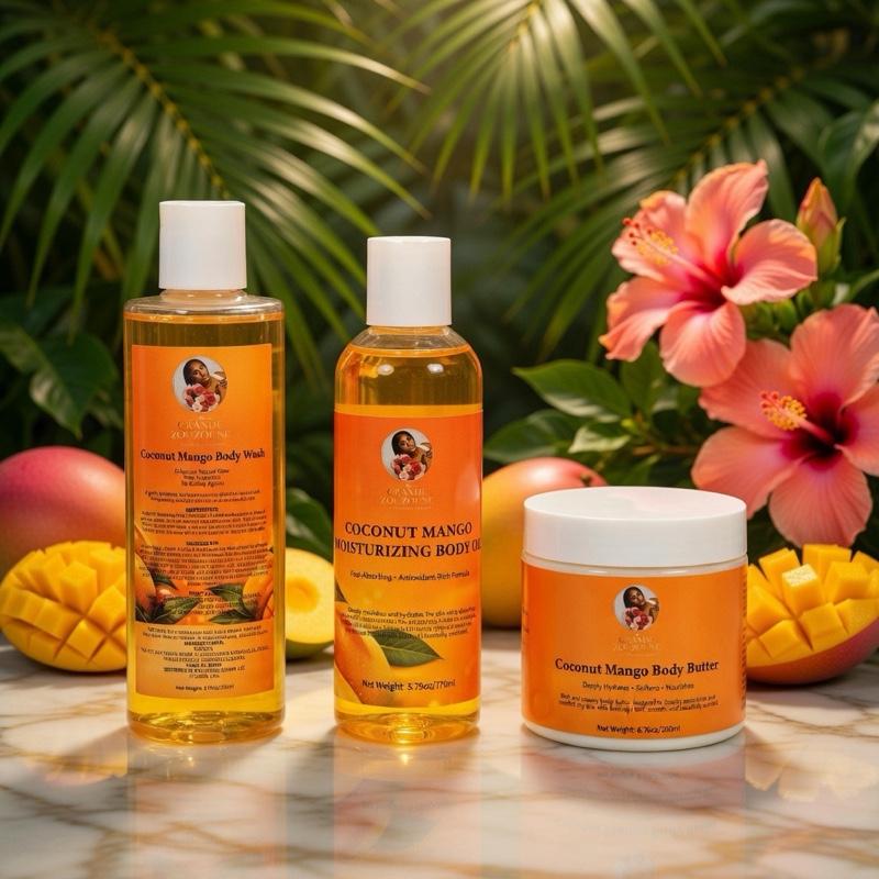 Coconut Mango Glow Set - Hydrate Nourish Glow - Body Butter Oil Wash Scrub - Deep Moisture Soft Radiant Skin - All Types - Natural Oils Butters - COA Verified SDS Compliant