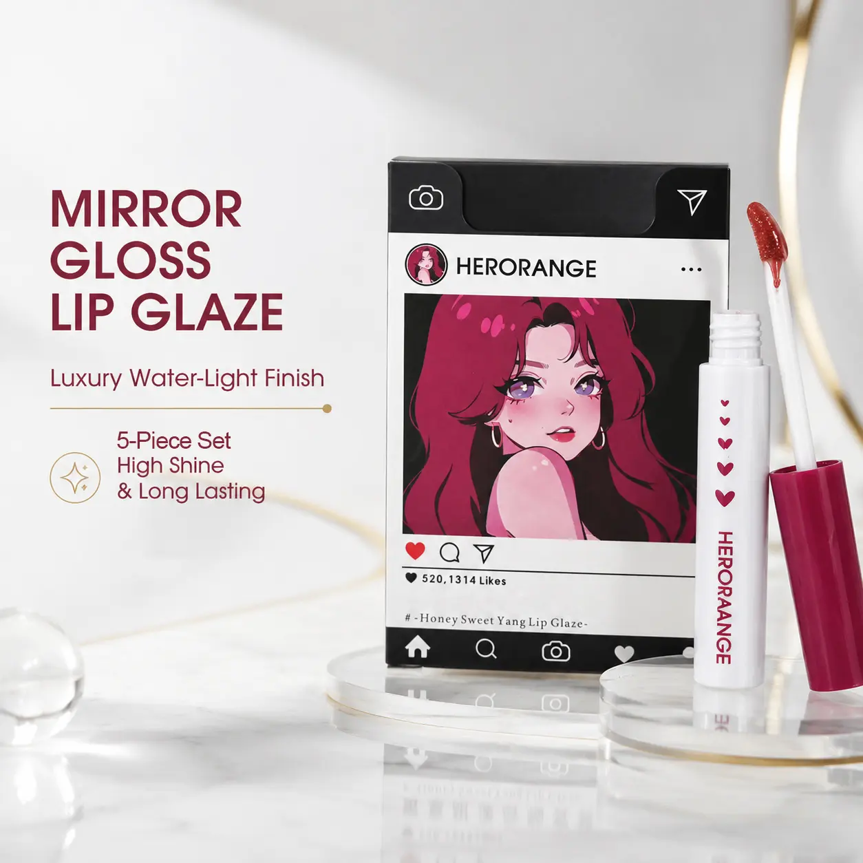HERORANGE 5-Piece Mirror Shine Lip Gloss Set｜High-Shine Glossy Finish & Non-Sticky｜Long-Lasting Transfer-Proof｜Juicy K-Beauty Glass Lips｜Lip Combo Essential｜Perfect Gift Box for Her｜#lipgloss #lipkit