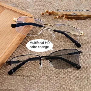 1 Pair Fashionable Unisex Multifocal Photochromic Reading Glasses, Ultra-light. Flexible Memory Temple Arms, Anti-glare  1.0 to  4.0 Strength, Semi-rimless Rectangular Design, Metal Hinges