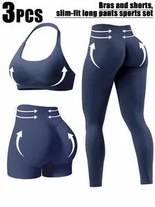 Women's 3-Piece Sportswear Set, Plain Sleeveless Design, Fitted Above-Ankle Yoga & Gym Wear, All-Season Outdoor/indoor Activewear, Fitness Suit, Workout Set, Fitness Sport Outfits