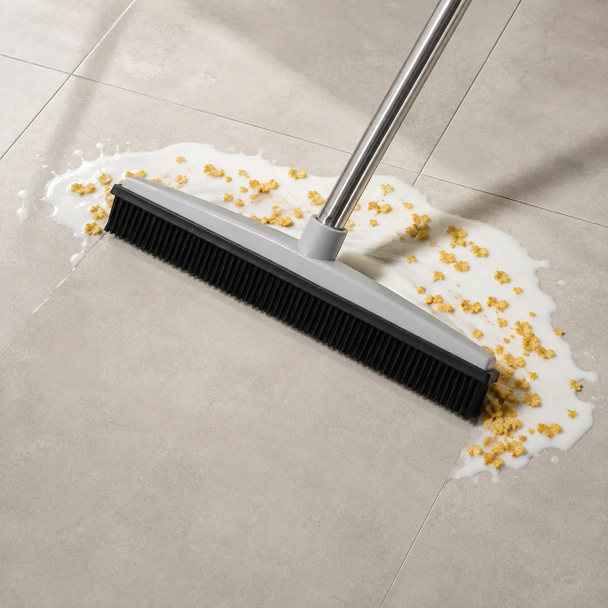 2-in-1 Durable Rubber Broom & Squeegee, Stainless Steel Pet Hair Remover with 3-Section Detachable Handle, Removable & Washable for Household Kitchen Low-Pile Carpet, Tile Hard-to-Reach Corners Cleaning, Indoor