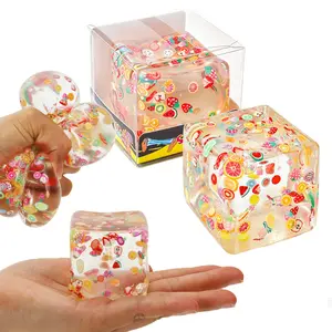 Clear Fruit Confetti Maltose Slow Rebound Squishy Cube, Transparent TPR Jelly Stress Relief Squeeze Toy, Fruit Slice Filled Mochi Decompression Fidget Toy, Kids Fruit Theme Birthday Party Favors Goodie Bag Fillers Anti-Anxiety Sensory Toy