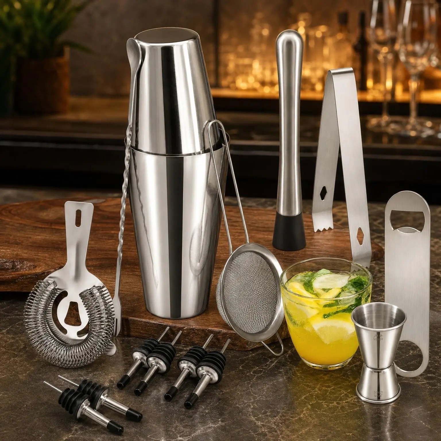 16-Piece Cocktail Shaker Bartender Kit with Stainless Steel Bar Tools, Boston Shaker, Muddler, Spoon, and Jigger for Home Mixology