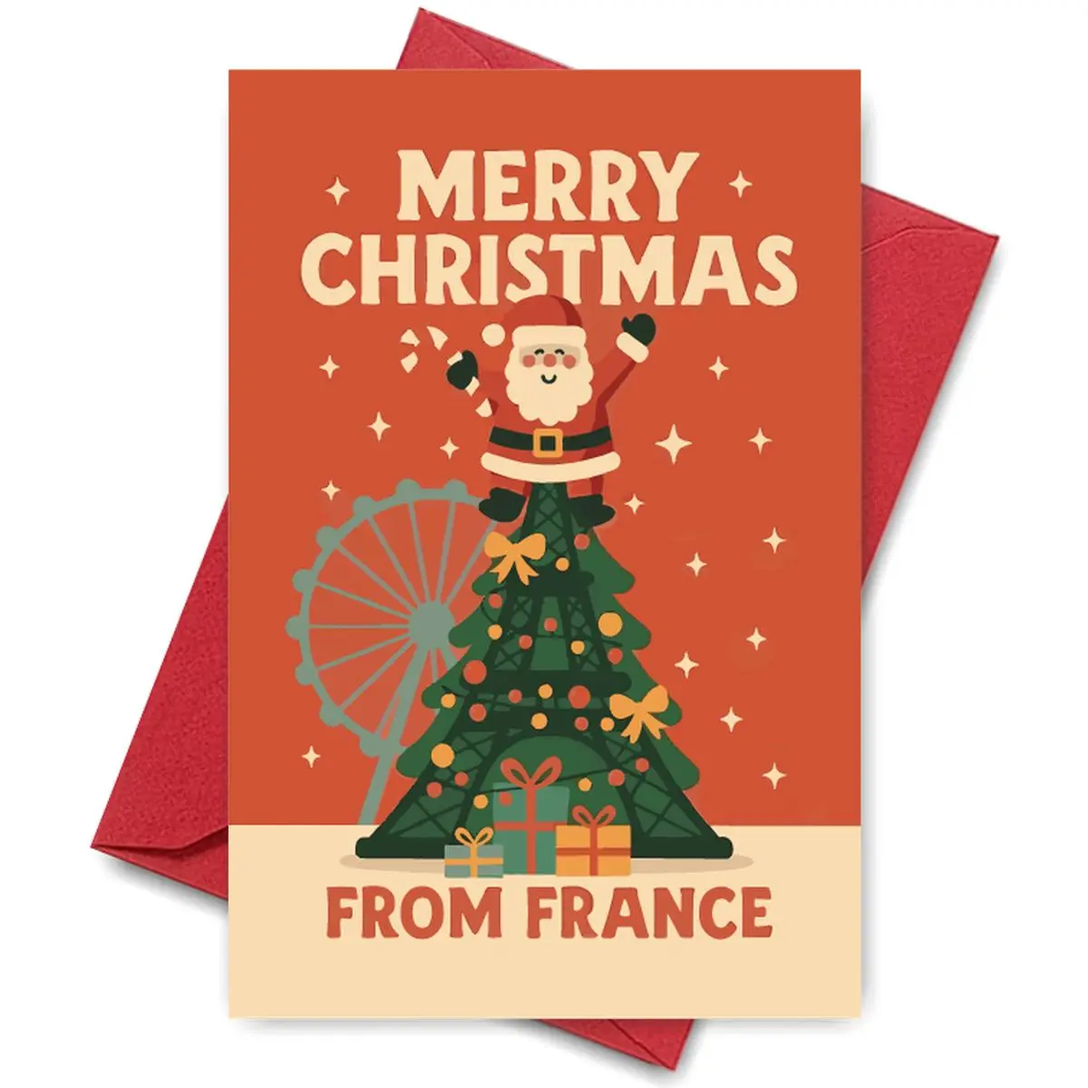 1pc Christmas Card from France, Paper Material with Envelope, Unique Eiffel Tower Shaped Christmas Tree with Santa on Top, Festive Greeting "Merry Christmas from France"