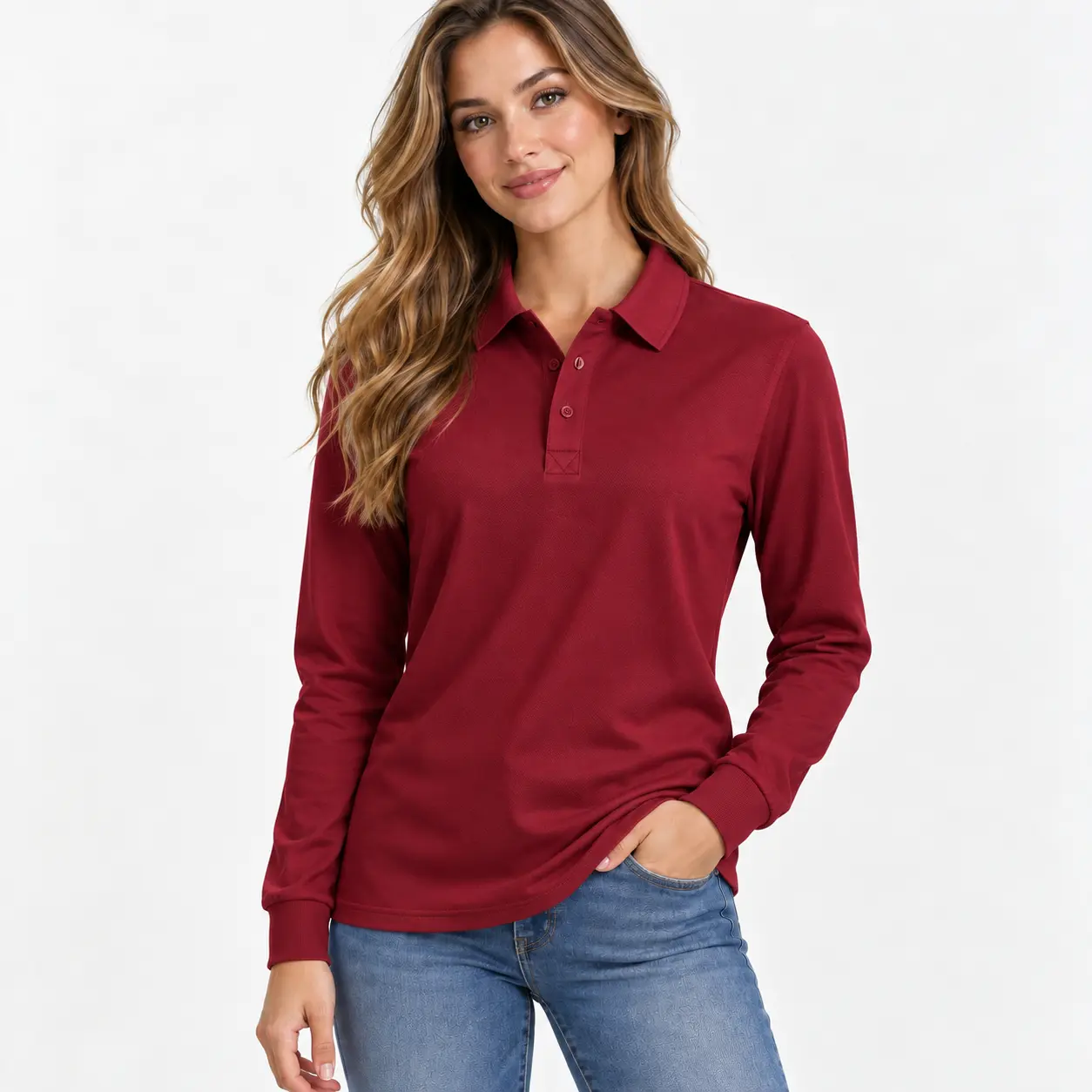 Women's Long-Sleeve Solid-Color Business Casual Collared Polo Shirt Top Womenswear