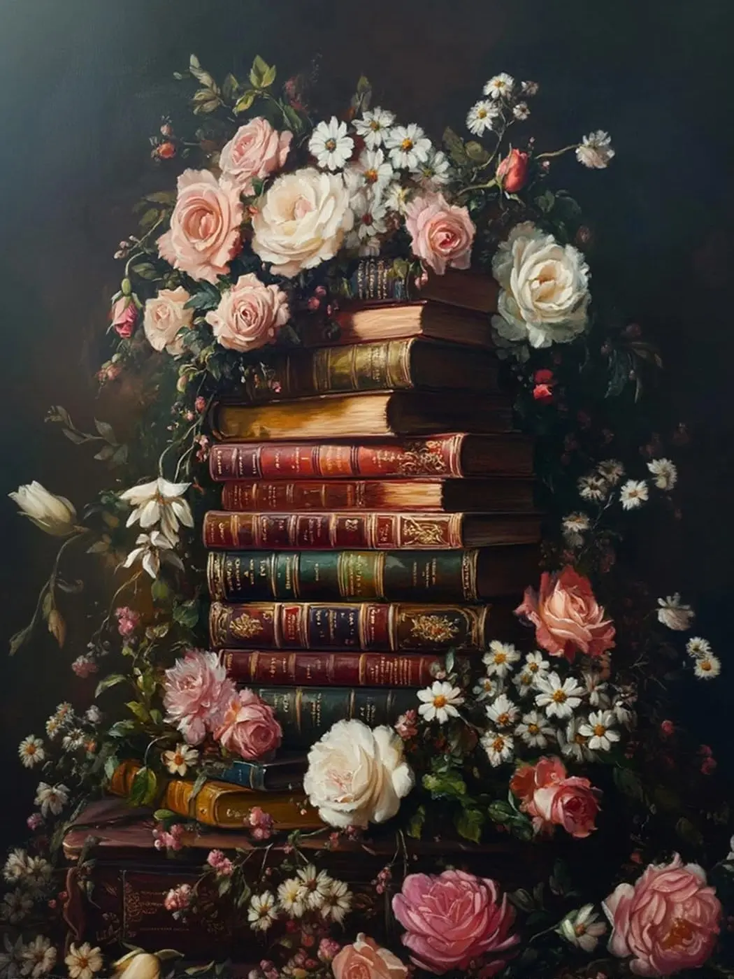 Dark Romantic Bookshelf Diamond Painting Kit - Floral Print, DIY Full Drill Art for Study Room