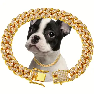 Dog Chain Crystal Artificial Diamond Cuban Collar Walking Metal Chain Collar with Design Secure Buckle
