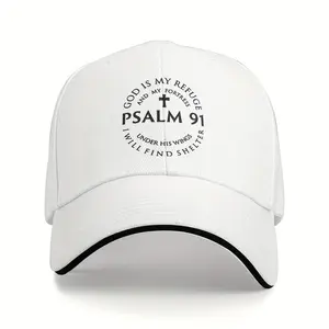 1pc Psalm 91 Printed Baseball Cap - Adjustable Shade, Polyester, Woven, Ideal for Truck Drivers & Gift, Black with White Text & Cross Design, Everyday Headwear| Stylish Headgear| Durable Headwear