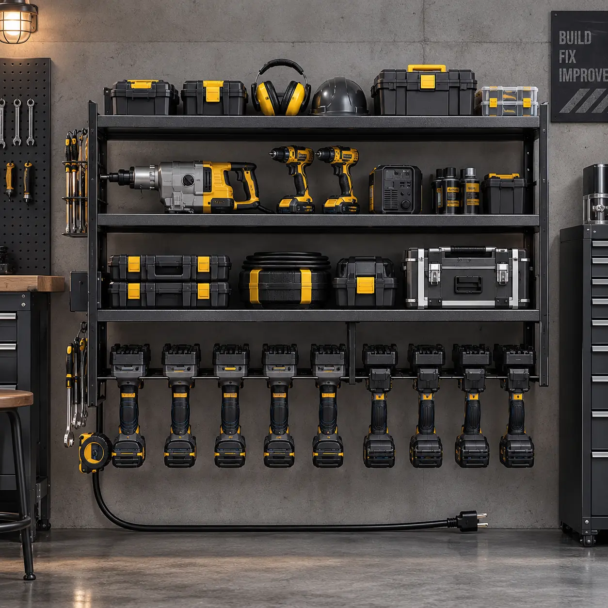 Heavy Duty Power Tool Organizer Rack Wall Mount, 33" Garage Organization and Storage Rack with 4-Outlet Power Strip, 3-Tier Metal Tool Shelf & 8 Drill Holder Slots, 600 LBS Capacity Utility Rack for Workshop