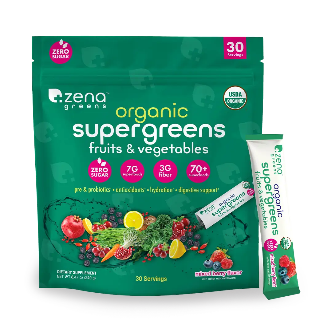 Zena Nutrition Organic Supergreens - 30 Stick Packs | 70+ Superfoods, 3g Fiber, Zero Sugar | Antioxidants, Prebiotics, Probiotics, Digestive Enzymes & Mushrooms