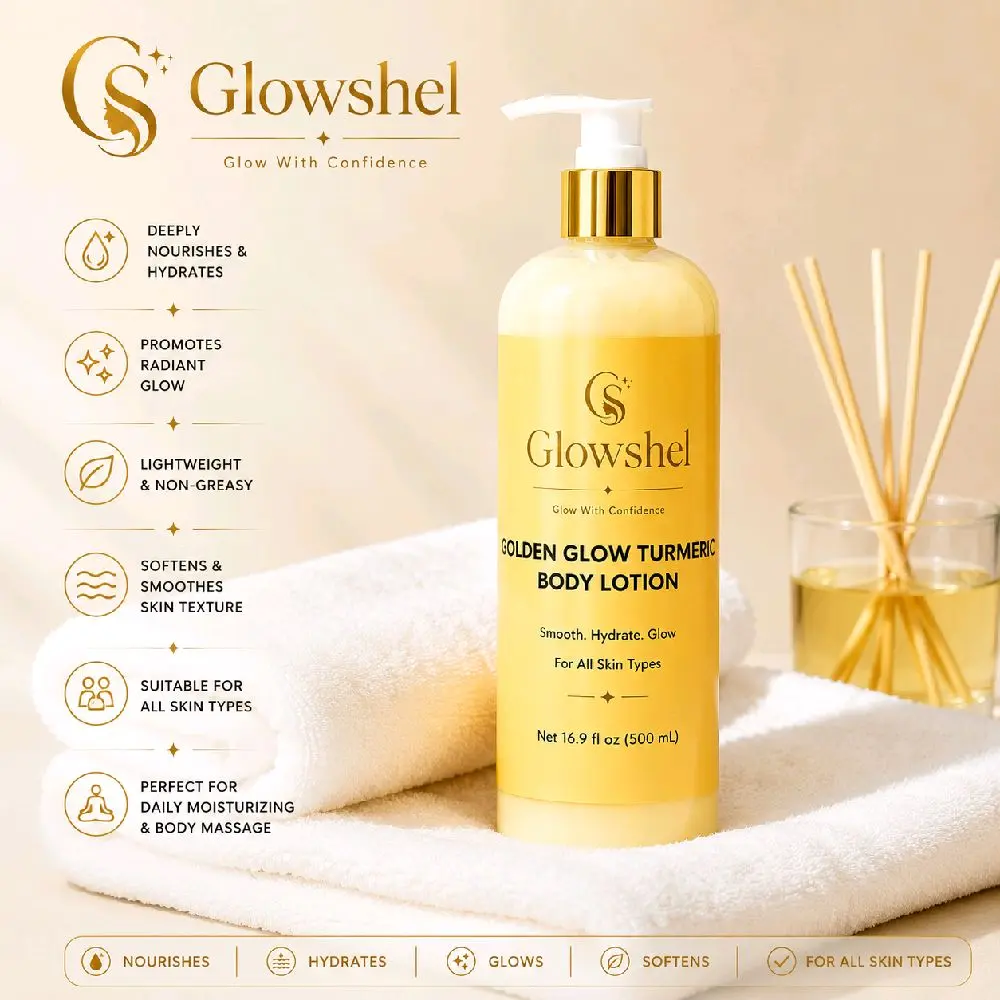 Glowshel Golden Glow Turmeric Body Lotion, Daily Moisturizer with Glycerin for a Radiant Glow, Hydrating & Non-Toxic for All Skin Types, 16.9 fl oz
