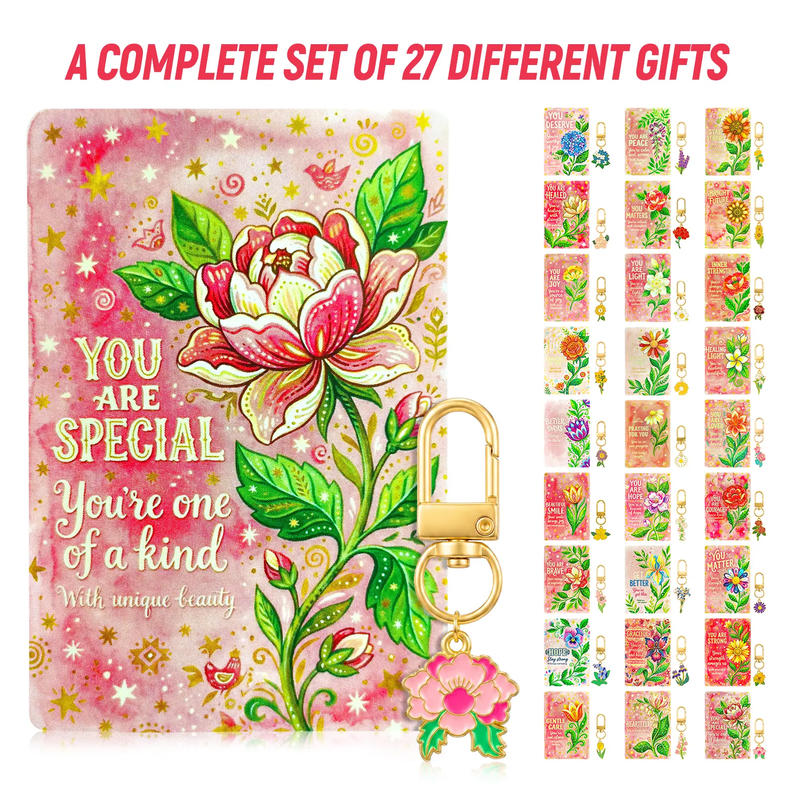 27-Pack Roses Lilies Floral Keychain Charms in Alloy & Enamel, 64-71mm Unisex Bag Pendants for Wedding Party Favors, Holiday Gifts