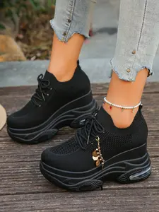 Women's Platform Casual Sneakers Lace Up Breathable Removable Disc Tassel Design Hollow Flyknit Mesh Comfortable Non-Slip Walking Shoes For Spring Petite Ladies Fashion All-Match Footwear, Lightweight Breathable Chunky Shoes