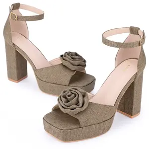 BLISSFUL STEP Women's Platform Flower Heels Square Toe Chunky Heel Sandals