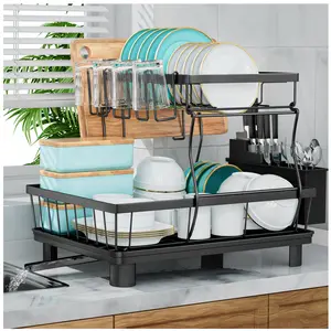 Large Dish Drying Rack for Kitchen Counter, Detachable Large Capacity Dish Drainer Organizer with Utensil Holder, 2-Tier Dish Drying Rack with Drain Board, Black
