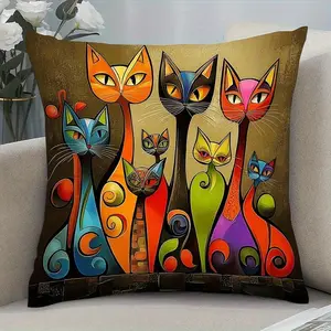 Abstract Multicolor Cat Pillow Cover, Invisible Zipper Single Side Print, Sofa Living Room Decorative Cushion Case, Artistic Atmosphere