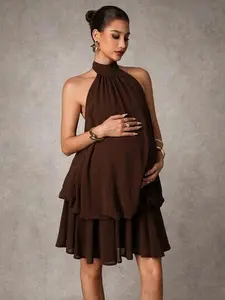 BELLAdresses Maternity Brown Halter Neck Ruffle Hem Pleated Dress for Pregnancy Photoshoot & Night Out Elegant A-Line Midi Dress