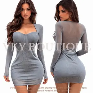 Rhinestone Mesh Long Sleeve Bodycon Mini Dress IR