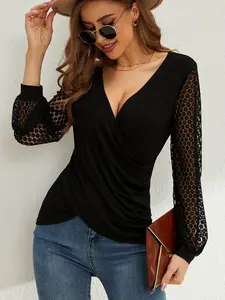 Elegant Lace Patchwork Deep V Neck Top, Cross Waist Design & Hollow Out Long Sleeves, Slimming Fit for Commuting/dating/everyday Wear