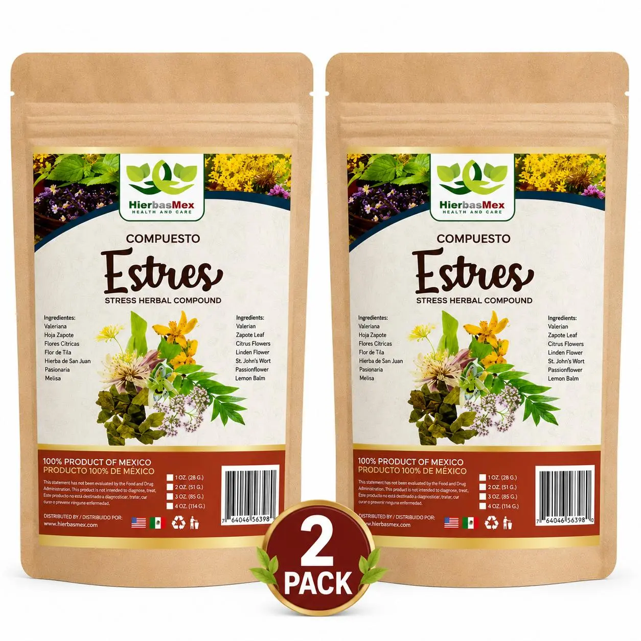 2 Pack Compuesto Me Vale El Estres Herb Herbal Tea Te 4 oz.-113g Natural Mexican Herb Hierba Wild Crafted