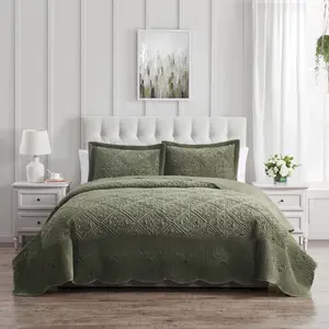 VCNY 3pc Full Westland Quilted Plush Bedspread Set Olive Green: Hypoallergenic, Embroidered, Microfiber