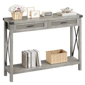 Boho Rattan Console Table with 2 Drawers – 43" Narrow Sofa Side Table with Storage Shelf – Modern Farmhouse Entryway Accent, Behind Couch Table