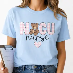 NICU Nurse Shirt for Women, Gingham Bow RN Tee, Neonatal ICU T-Shirt, Neonatal Intensive Care Unit Gift, Pink Coquette Nurse Apparel, NICU NP Top, Nursing Student Baby Nurse Gift, Healthcare Worker Shirt