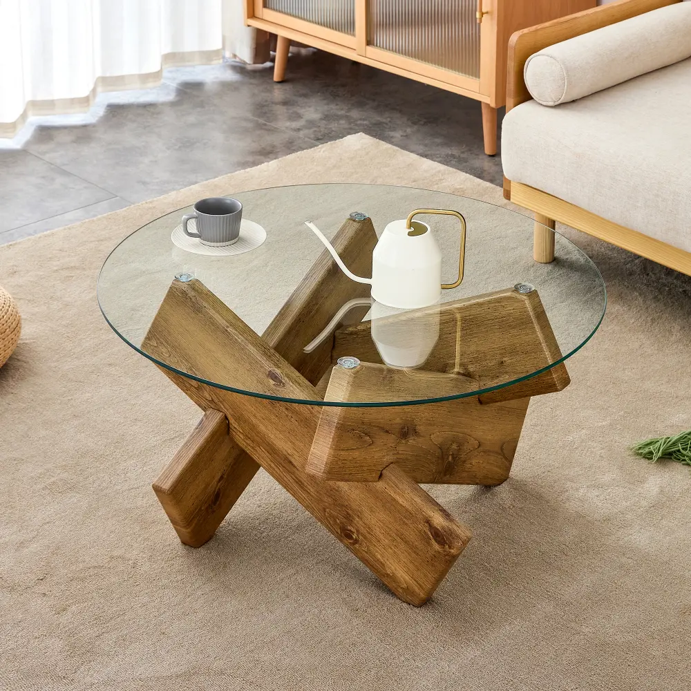 33.4-in Modern Distinctive Circular Tempered Glass Coffee Table - Wood-Colored MDF Legs, Living Room Tables for Farmhouse Spaces