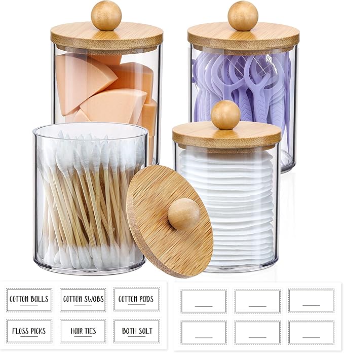 Cotton Swab & Cotton Ball Holder with Bamboo Lid 4 Pack 10 oz Clear Plastic Apothecary Jars for Bathroom & Vanity Storage Q‑Tip Organizer Canister Set for Makeup Cotton Pads Floss & Toiletries
