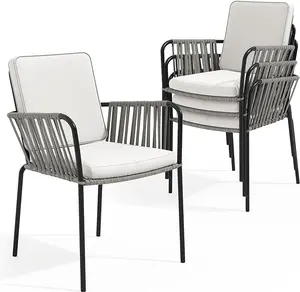 YITAHOME Outdoor Dining Chair Set of 4, All-Weather Rope & Rattan Woven Chairs, Indoor-Outdoor Armchair Seating for Patio, Backyard, Poolside, Balcony - Grey Rattan & Beige