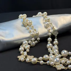 Elegant Women's Multi Layer Clover Pearl Sweater Chain Glass Lapis Lazuli Long Necklace Trendy Statement Jewelry Perfect Holiday Gift for Lover Family Friends