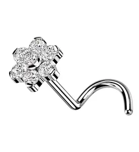 Flower CZ Titanium Threadless Nose Screw Ring