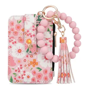 Women's Boho Beaded & Tassel Decorated Keychain with Flower Pattern Wallet, Girlfriend Gifts, Cute Trendy Keychain, Chic Gorgeous Keychain for Key & Bag, Bag Pendant