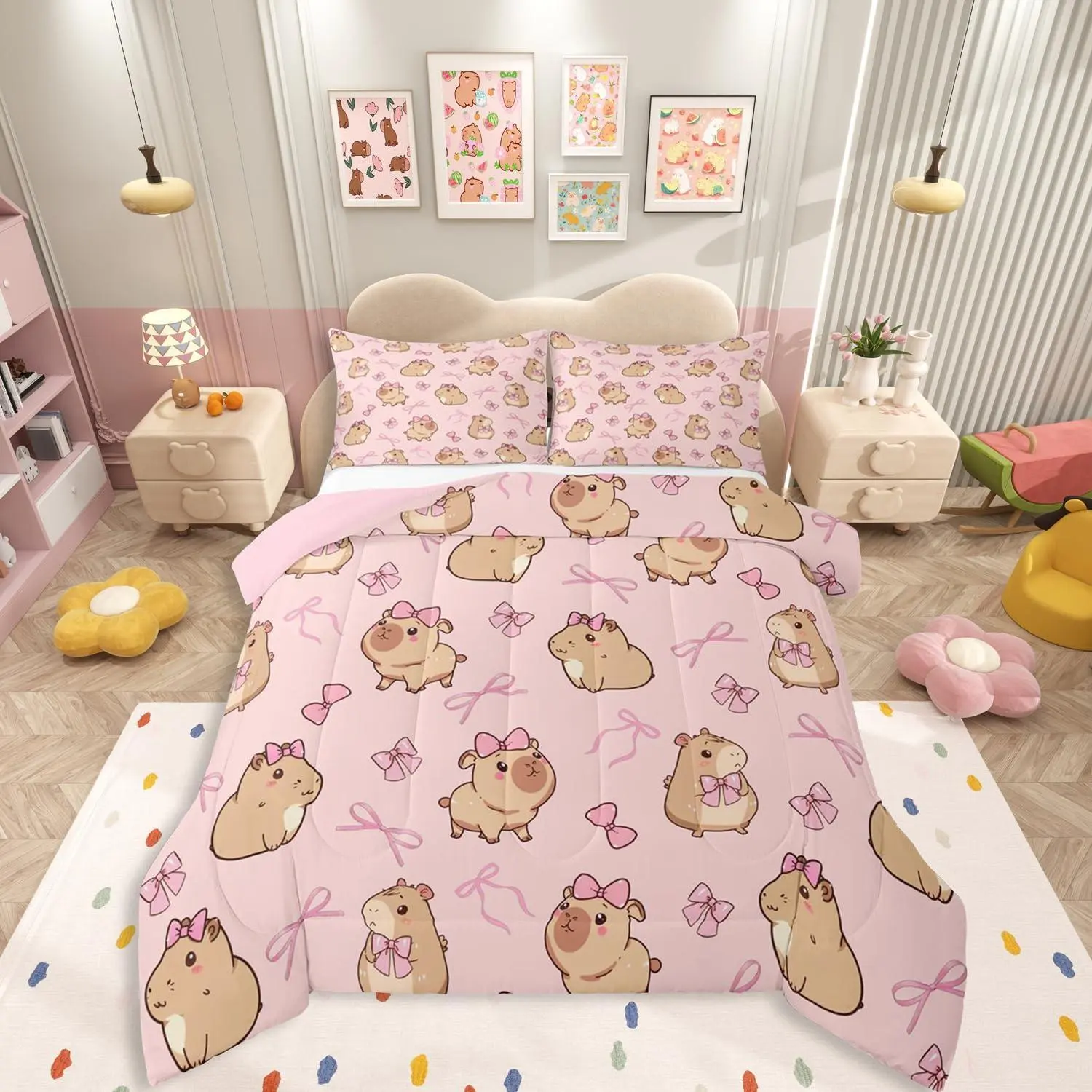 Feelyou Capybara Printed Bedding Set - Cozy Cartoon Blanket, Soft Warm Blanket, Pink Bow Ribbon, Breathable Polyester Fiber Comforter, Sheets, Travel-Friendly, Camping-Ready, Multi-Size Kids Washable Bedding Supplies