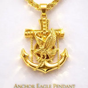 14K Gold Plated Fashion Hip Hop Sailor Anchor Eagle 1.77" Pendant Size - Luxury Pendant with Rope Torch Chain 22" 6mm - Unisex Jewelry Brass Material