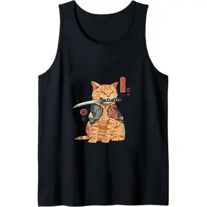 Japanese Samurai Ninja Cat Tank Top, Kawaii Tattoo Graphic Tank Top