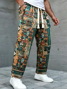 European and American High Street Retro Patchwork Totem Wide Leg Pants, Colorblock Ethnic Print, Loose Fit, Hip Hop Style Casual Long Pants