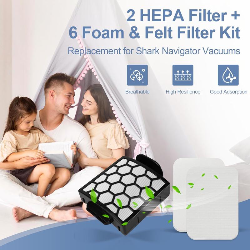 Filter replacement for Shark Navigator Zero-M Self-Cleaning Brushroll Pet Pro Upright Vacuum ZU60 ZU62 ZU62C NV251 NV255 NV150 NV151, Replaces Part # 1238FT60 1239FT60, 2 HEPA + 6