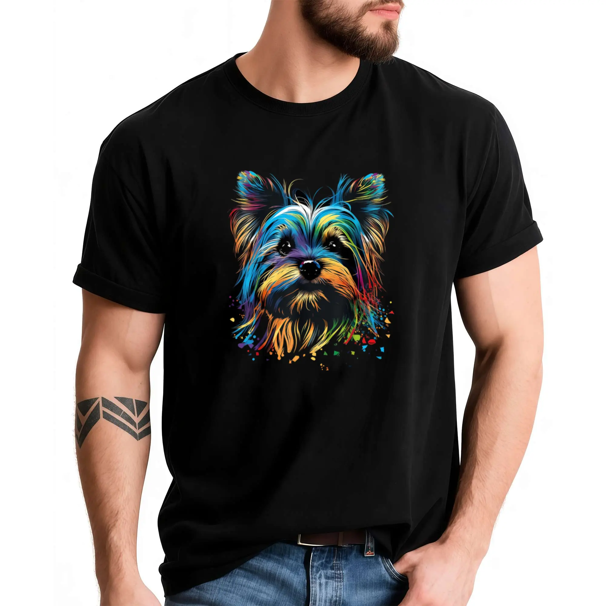 Colorful Yorkie Yorkshire Terrier Dog Face Painting UnisexAdults TShirt Mens Clothes Mens T Shirts gift Unisex Items Soft Breathable Lightweight Crew Neck Regular FiRetro Casual Short-sleeved T-shirt with a Round Neck and Printed Pattern