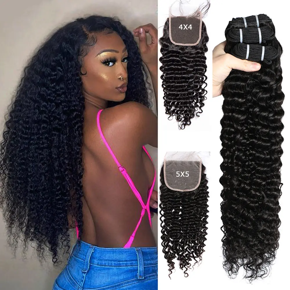 Bele Hair Curly Hair Bundles With Closure Peruvian Deep Wave Bundles With 5x5 Lace Closure Remy Curly Hair and 4X4 Lace Closure 3/4 Bundles Deal With 1 Lace Closure 5X5 /4X4 Transparent Lace Clsoure With Bundles Natural Black Color